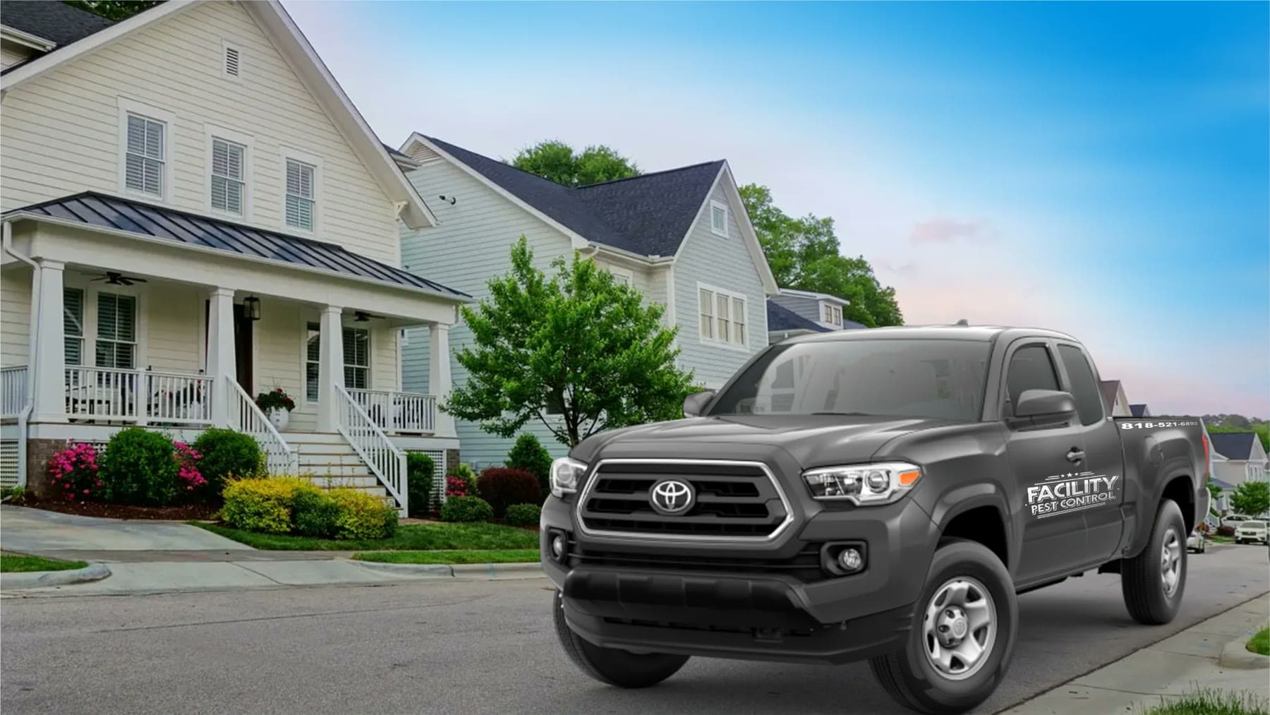 A Facility Pest Control Toyota Tacoma parked in front of a Reseda home