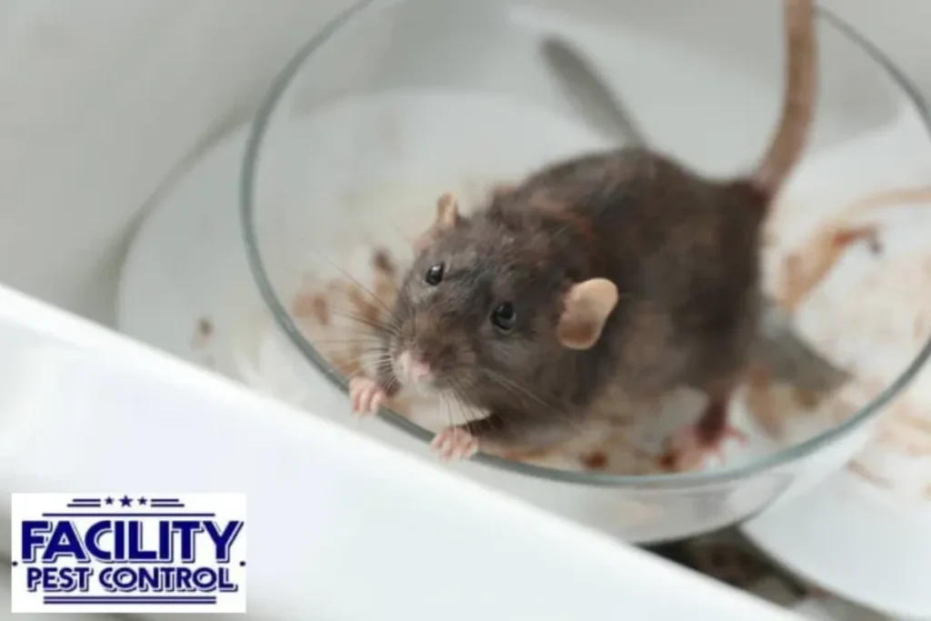 Rat and dirty dishes in kitchen sink