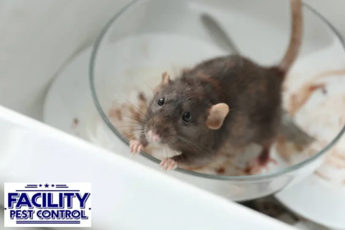 Rat and dirty dishes in kitchen sink
