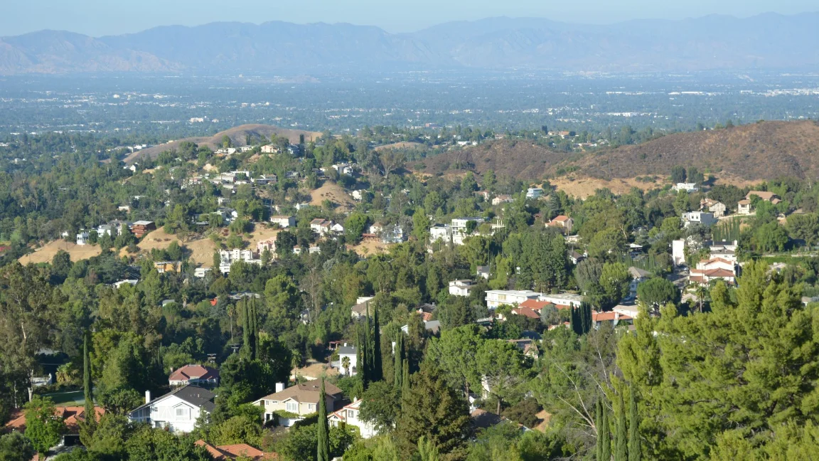 Aerial view of mountain area in Woodland Hills, CA